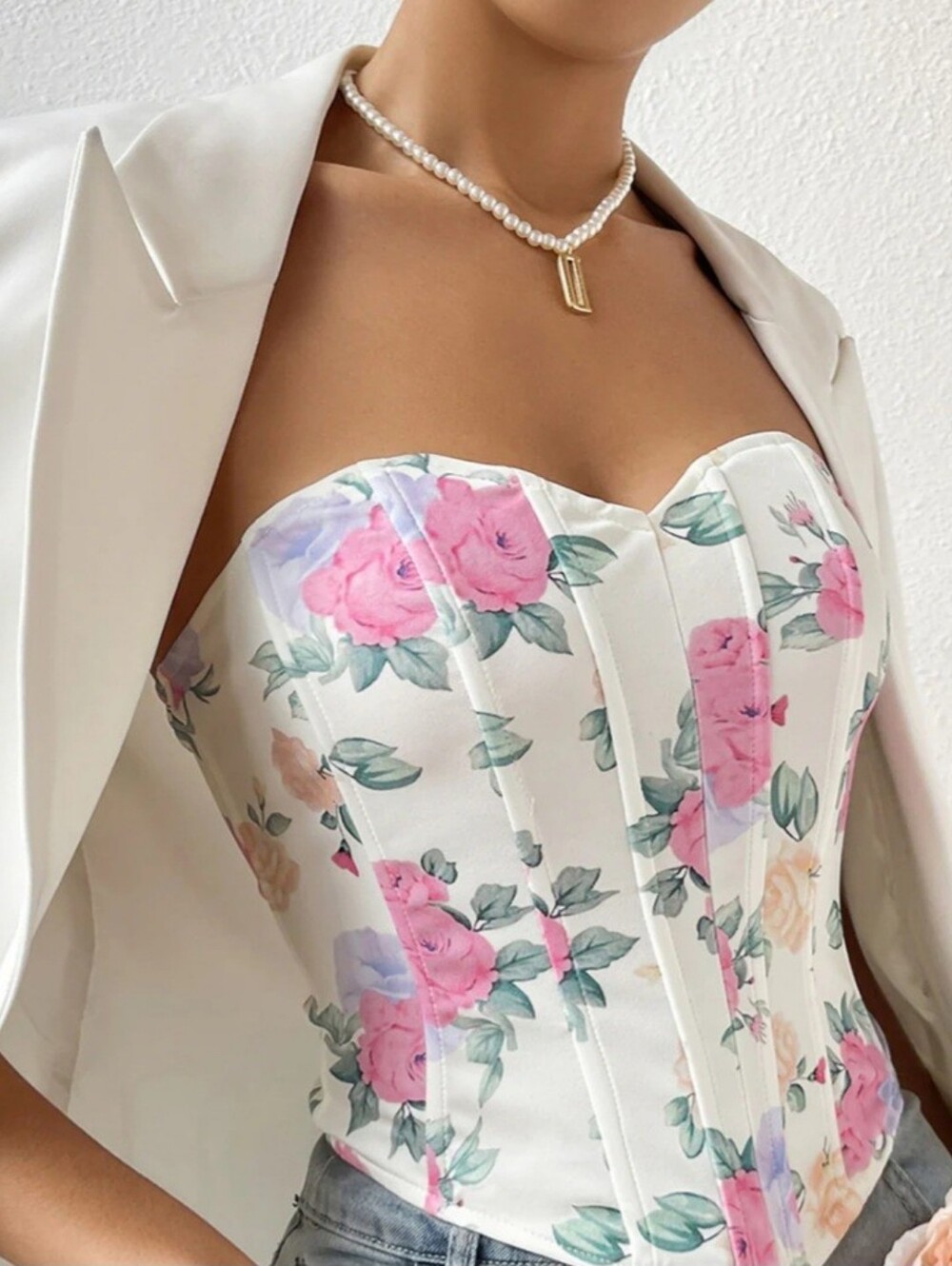 Commense NWT Floral Strapless Corset Top in White with‎ Pink Roses Size Small